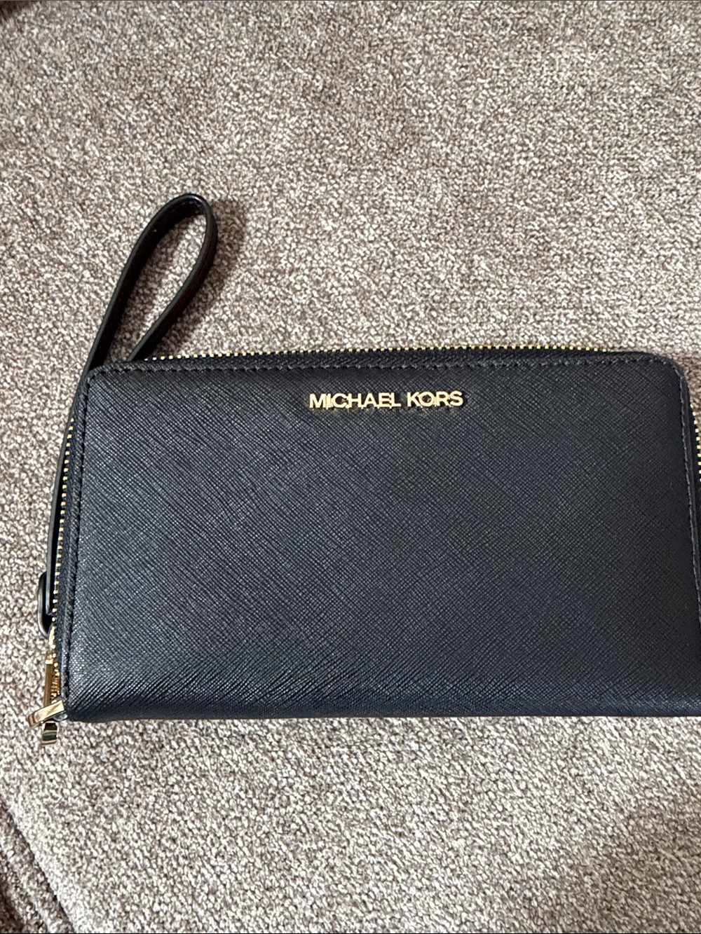 Michael Kors Black Saffiano Zip-Around Wristlet with Gold Hardware